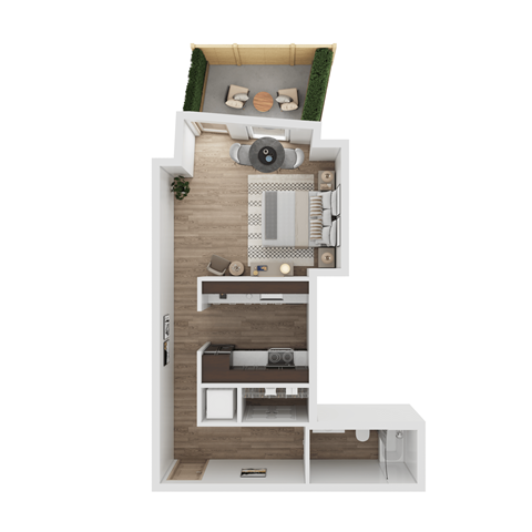 a floor plan of a studio apartment with a bedroom and a living room